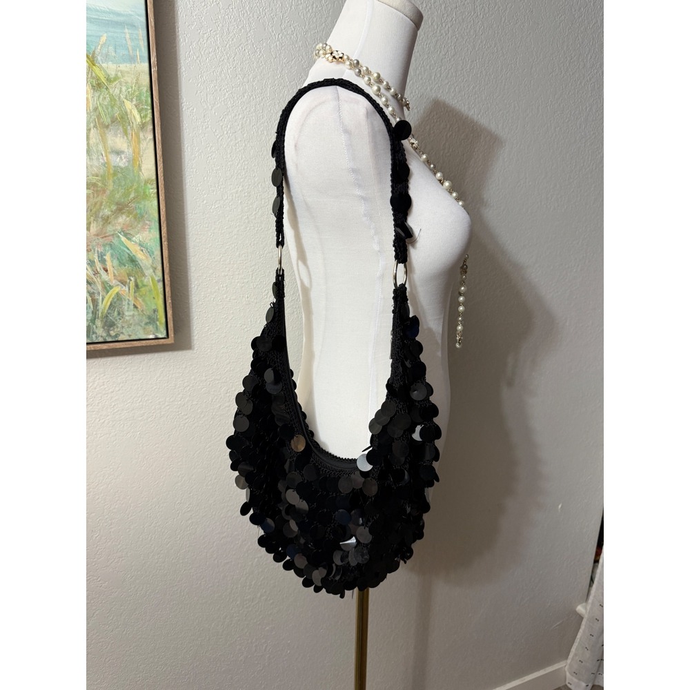 Y2K Black Sequin Crochet Shoulder Bag | Disco Party Purse - Picture 2 of 5